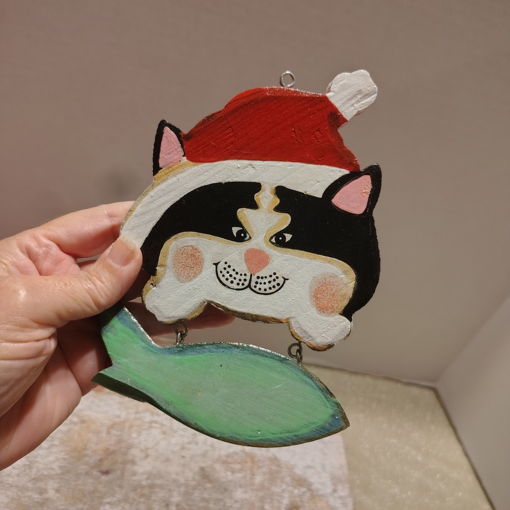 Festive Cat Ornament with Fish - Black, White, Red, Green Wood Customizable CH2